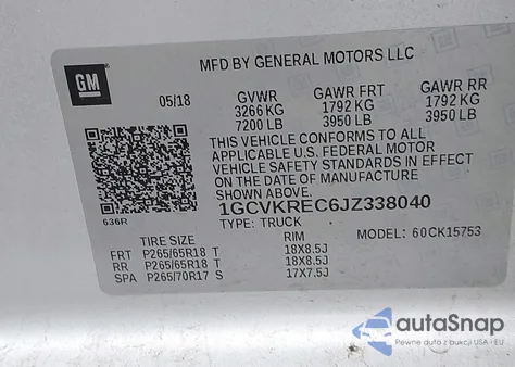 2018 Chevrolet Silverado 1500 2Lt z USA, uszkodzony, nr VIN 1GCVKREC6JZ338040